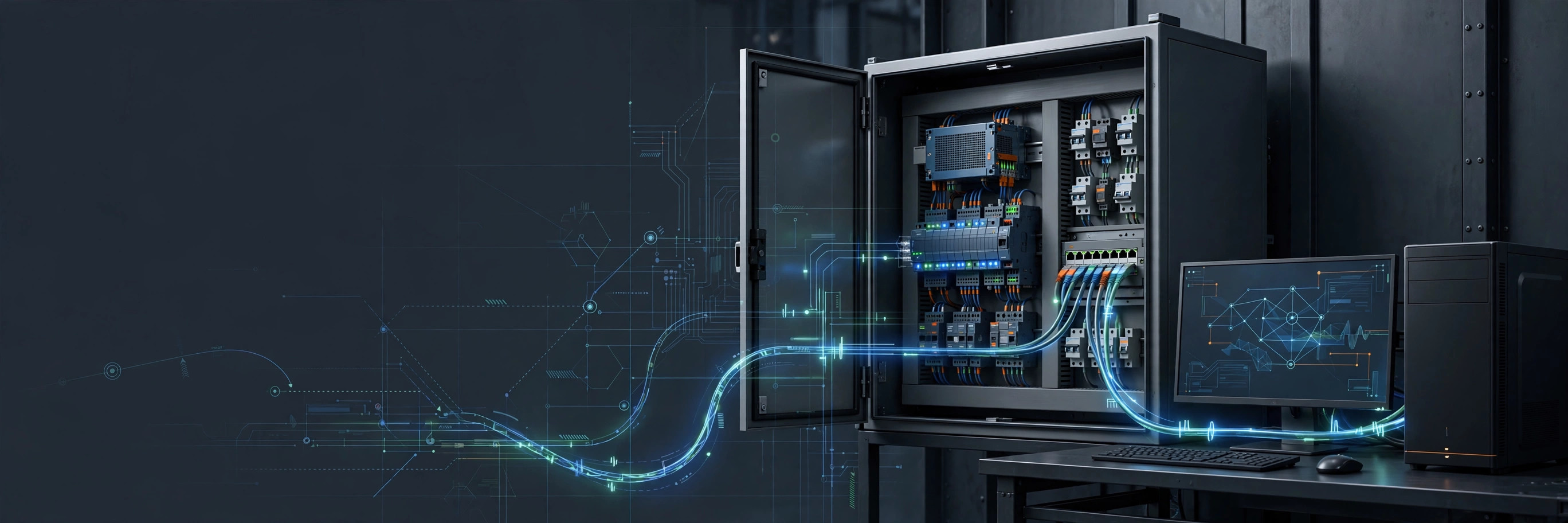 Technical illustration of an industrial control cabinet connected to a Windows workstation